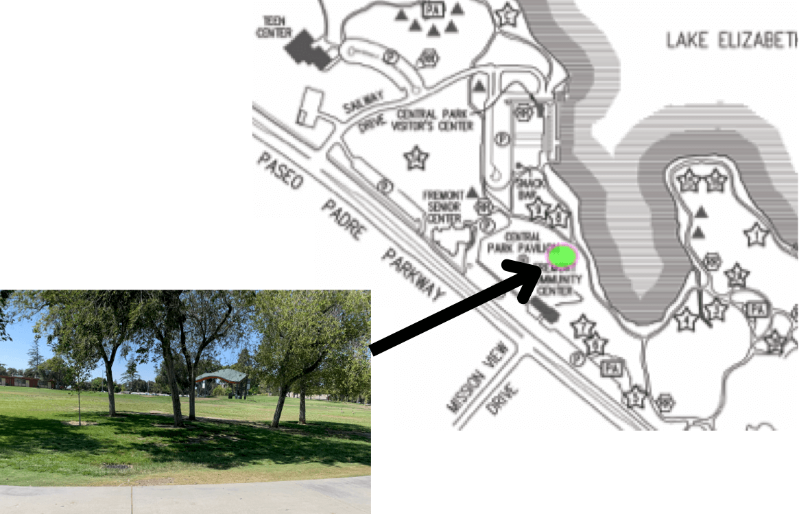 map showing the area behind the pavilion next to Lake Elizabeth, with a photo showing an image of the area including grass and trees behind a sidewalk