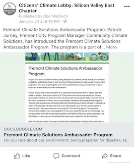 Screenshot from facebook showing a post about the Fremont Climate Solutions Ambassador Program
