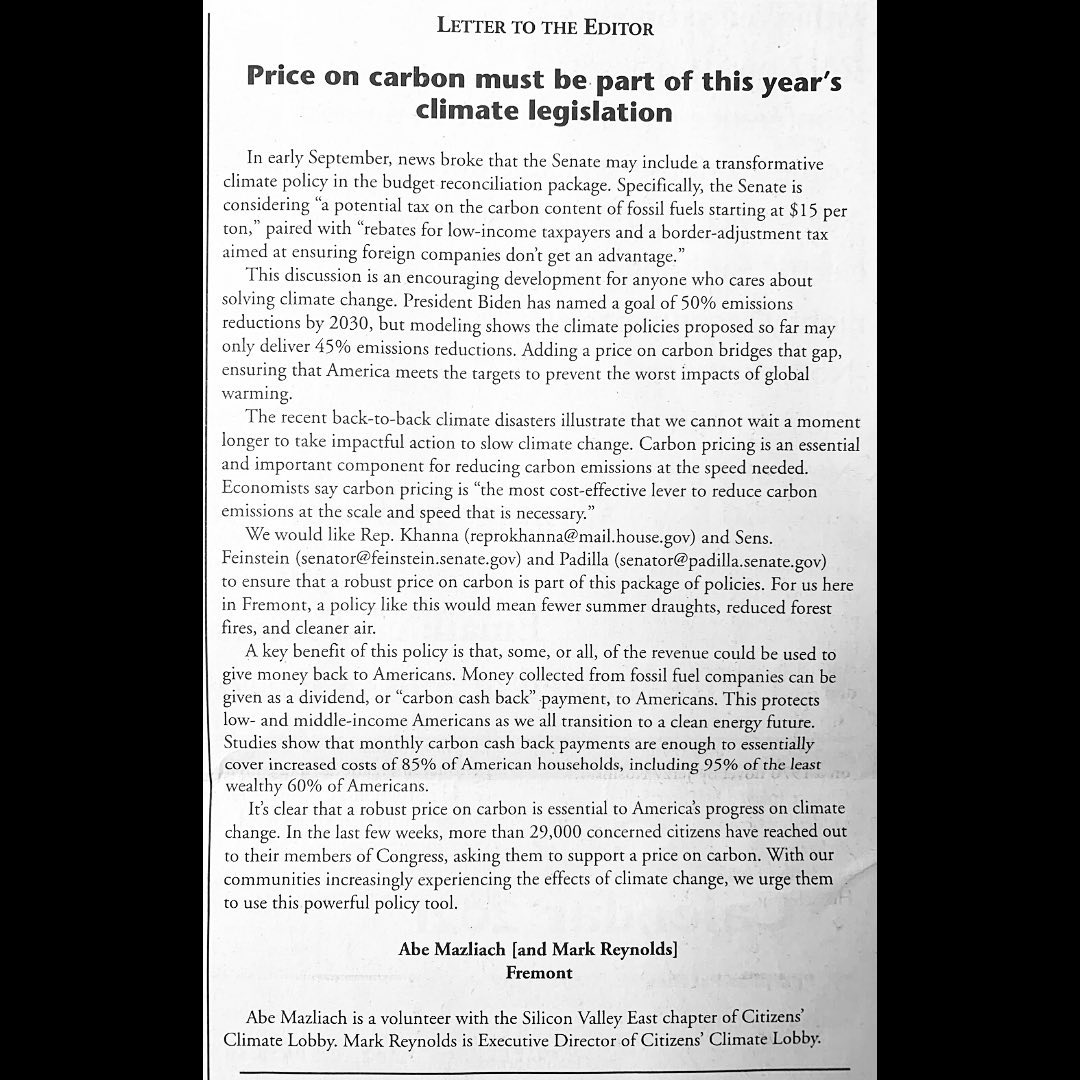 Photo of a section of a newspaper showing a letter to the editor entitled Price on Carbon must be part of this year's climate legislation